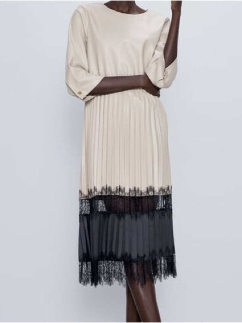 ZARA Faux Leather Pleated Lace Trim MIDI Dress Beige Black Size XL 3/4 sleeves